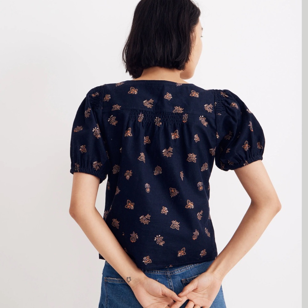 Madewell Shirt Women's Medium Corduroy Bubble Sleeve Crop Shirt Navy Blockprint - Picture 3 of 14